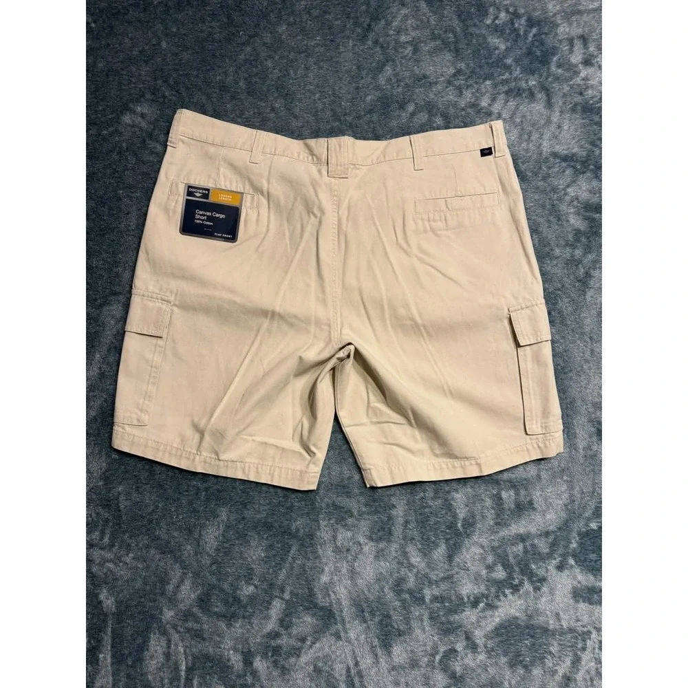 Dockers Cargo Shorts Men 42 Tan Khaki Canvas Flat Front Longer Length Cotton